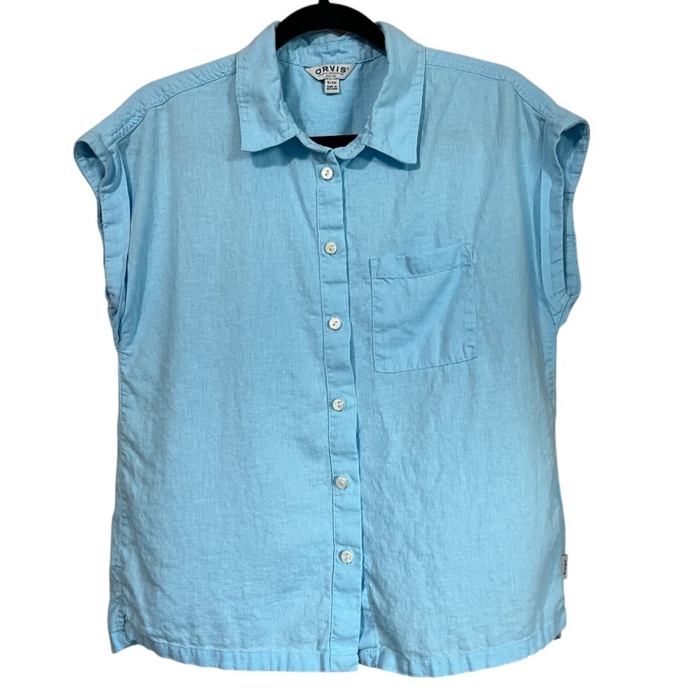Orvis Linen & Rayon Blend Sleeveless Button Down Top Blue Size Small